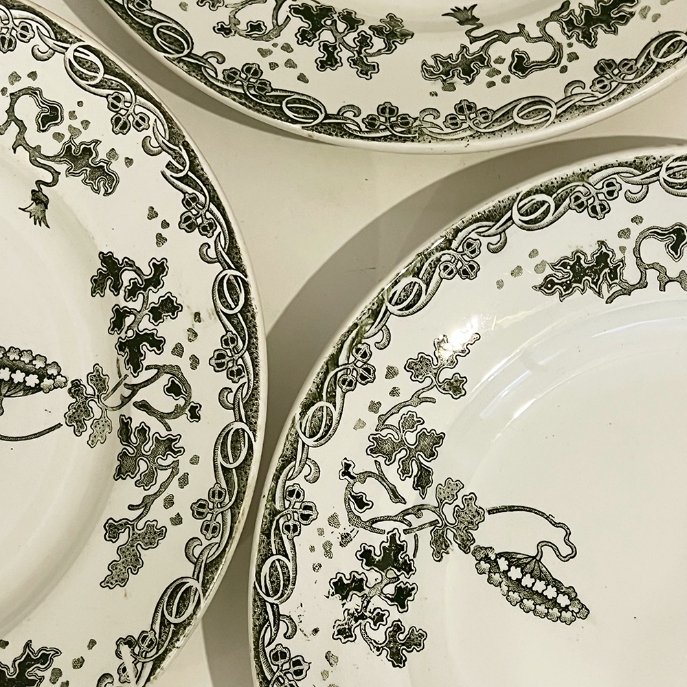 French Green Transferware Plates, Set of 6