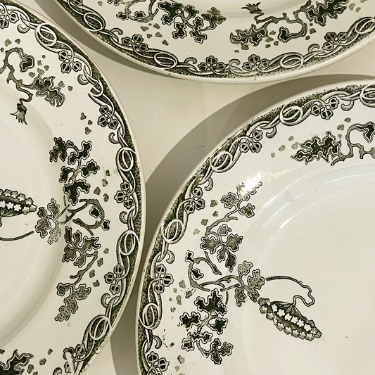 French Green Transferware Plates, Set of 6